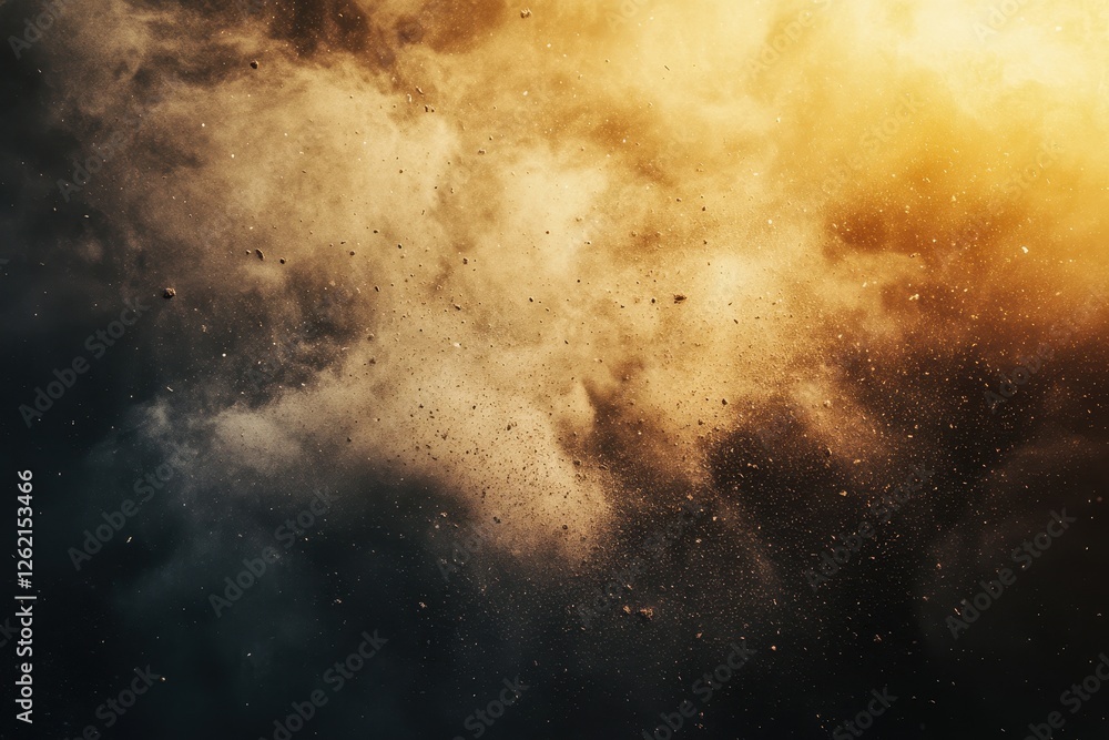 Poster organic dust cloud scattering light in a dynamic and vivid compositional space, organic dust practic