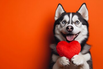 Cute siberian husky hound with fluffy red heart - emblem of love, funny greeting card. Siberian husky - my cherished dog. Ad campaign creative. Valentine's day paw print photos. Pet love ideas.