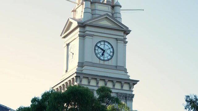 Historic Town Hall Clock Tower Against Cloudy Sunset In Paddington, Sydney, Australia. Low Angle Shot