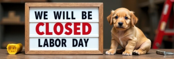 Puppy sitting next to labor day closed sign in a workshop