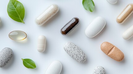 Natural supplements arranged artistically with green leaves agai