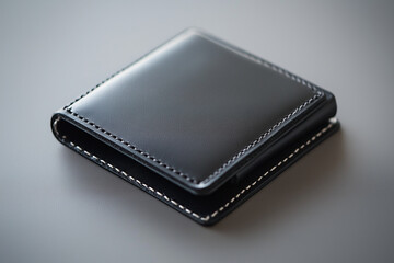 The Clean Lines of a Black Leather Wallet on a Sleek Gray Surface.