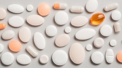 Scattered assortment of pills and capsules in various shapes and