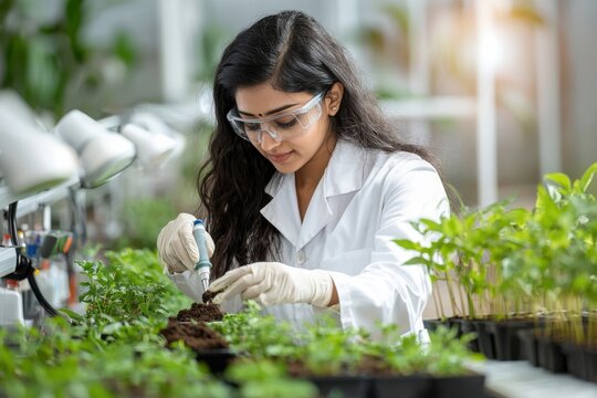 A young Indian woman scientist, wearing a white lab coat, testing soil samples in an urban agricultural research lab filled with plants and high-tech equipment.
