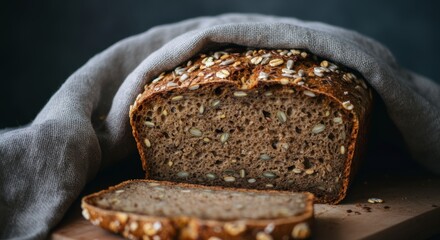 Rustic multigrain bread loaf with visible flaxseeds and sunflower seeds inside on wooden cutting board.