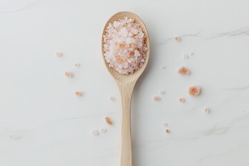 Obraz premium Natural pink salt in wooden spoon on marble background, scattere