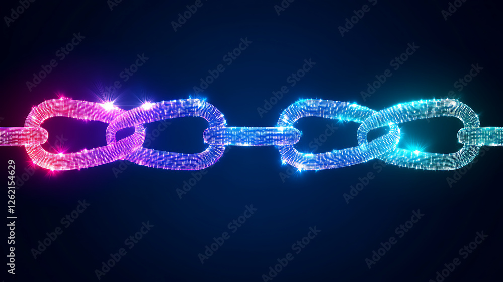 Poster luminous chain links connecting data and networks seamlessly with colorful digital glow effect