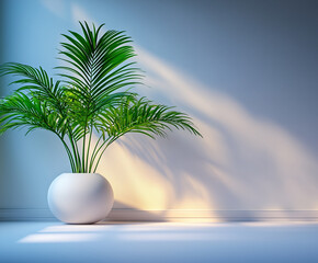 Obraz premium Luxurious green palm plant in a modern white pot against a soft-lit wall in a serene indoor setting