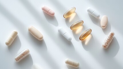 Colorful capsules arranged artistically on light surface, creati