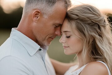 Fototapeta premium Intimate moment shared between couple, warm sunlight enhances de