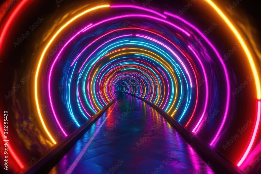 Aufkleber explore an endless abstract futuristic tunnel illuminated with vibrant multicolored lights, 4k endle