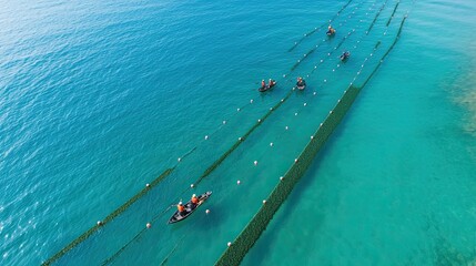Colorful boats navigate tranquil waters, showcasing vibrant mari