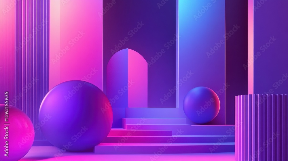 Poster abstract geometric scene with colorful spheres and architectural forms