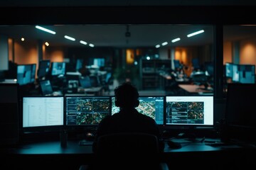 Obraz premium Person Working Late Night Monitoring Multiple Screens