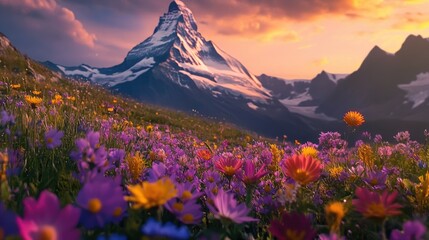 Matterhorn Majesty, Alpine flowers bloom at the foot of snow-capped peaks