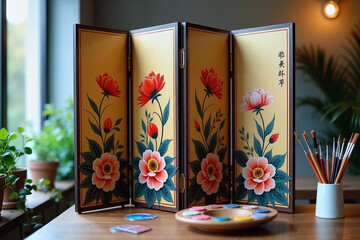 Decorative hand-painted folding screen with floral patterns, creativity