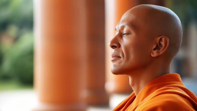 Serene buddhist monk meditating peacefully in a temple