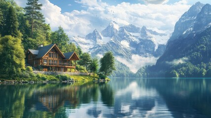 Fototapeta premium Mountain cabin retreat by serene alpine lake