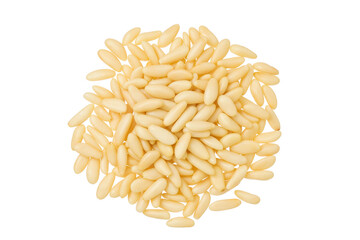 Shelled European pine nuts isolated on white background with full depth of field. Top view. Flat lay