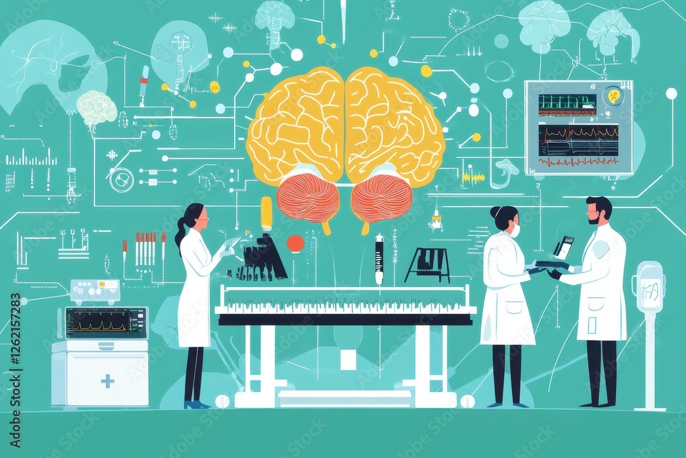 Poster exploring data processing with molecular models and brain graphics in a modern research environment,