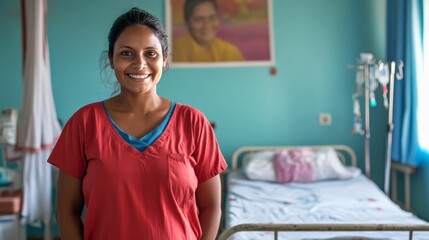 A nurse standing in front of a hospital bed with a warm smile,