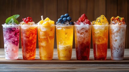 Vibrant assortment of colorful refreshing frozen drinks in clear cups on wooden surface
