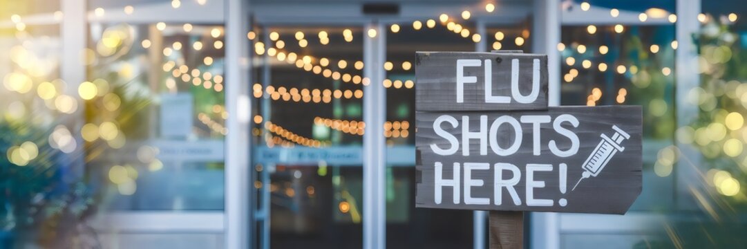 Wooden sign with "Flu Shots Here!" and syringe icon near hospital entrance