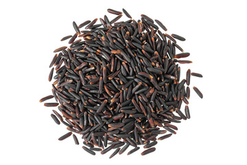 Black wild rice isolated on white background close up. Top view. Flat lay