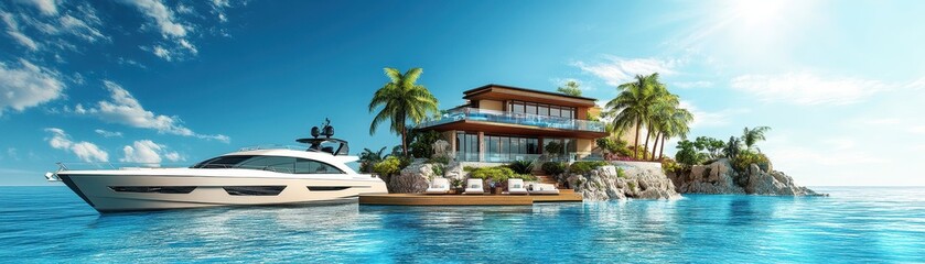 Luxury villa and yacht on private tropical island paradise