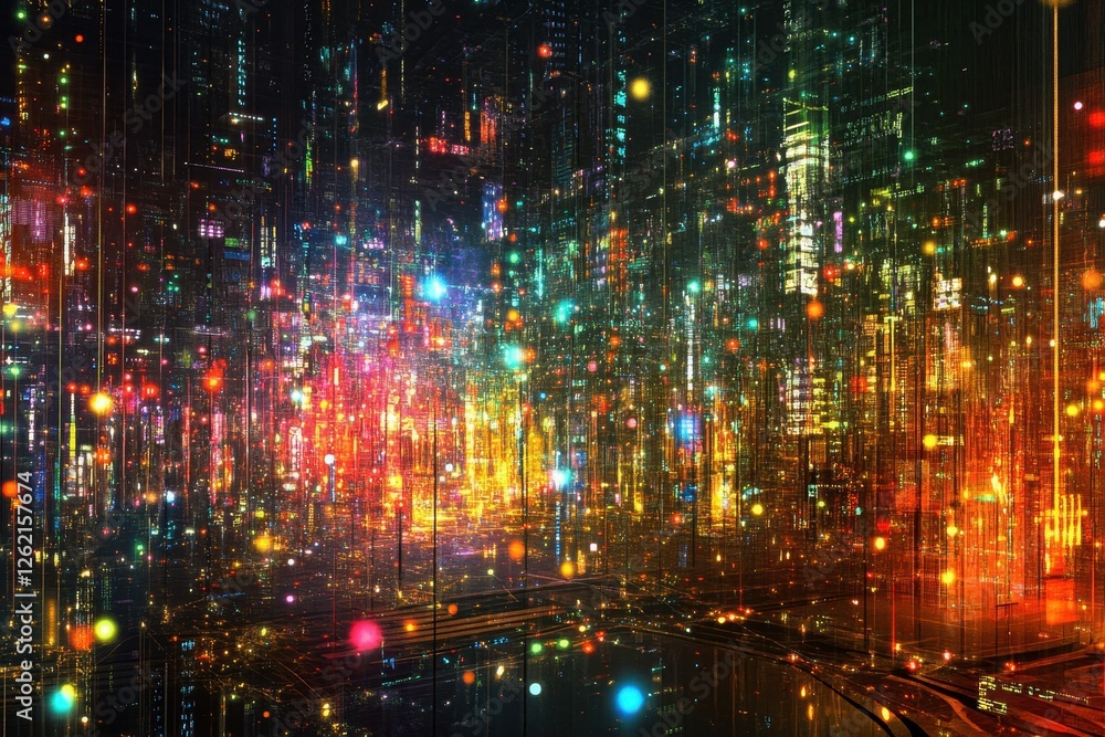 Poster exploring digital data processing through vibrant connection networks in a futuristic landscape, dig