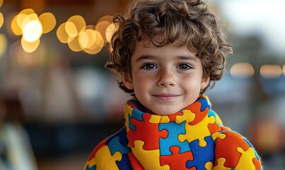 Kid with ribbon for World Autism Spectrum Disorder Awareness Day typically features a colorful puzzle pattern, symbolizing the complexity and diversity of individuals on the autism, Generative AI