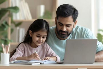 Indian father helping his daughter with online school homework at a neat, modern study desk