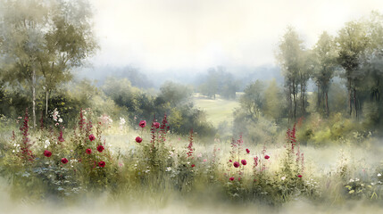 Misty Morning Wildflower Meadow Peaceful Summer Countryside Scene Nature Painting Impressionistic