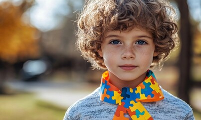 Kid with ribbon for World Autism Spectrum Disorder Awareness Day typically features a colorful puzzle pattern, symbolizing the complexity and diversity of individuals on the autism, Generative AI