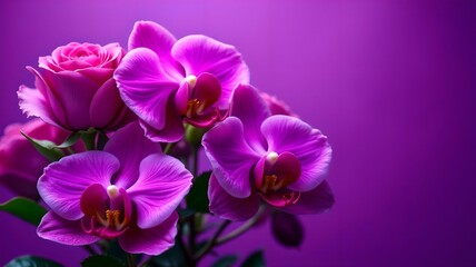 Obraz premium Bright pink orchids are gracefully arranged against a vibrant purple background, creating an elegant composition.