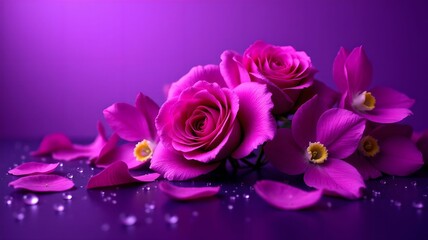 Bright pink orchids are gracefully arranged against a vibrant purple background, creating an elegant composition.