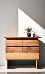 Modern Minimalist Room with Wooden Dresser and Plant