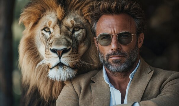 Alpha male concept man with a lion, Generative AI