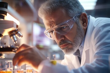 Indian scientist, wearing a white lab coat and safety glasses, is working in a high-tech laboratory