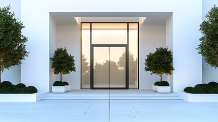 Clean Modern Entrance with Glass Door, White Wall, and Potted Trees in Daylight.