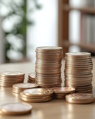 A close-up view of neatly stacked coins, arranged in piles on a wooden surface, symbolizing wealth and financial growth.