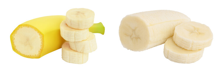 banana pieces isolated on white background with full depth of field.