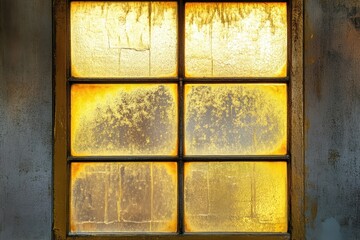 Golden light shines through a weathered six pane window