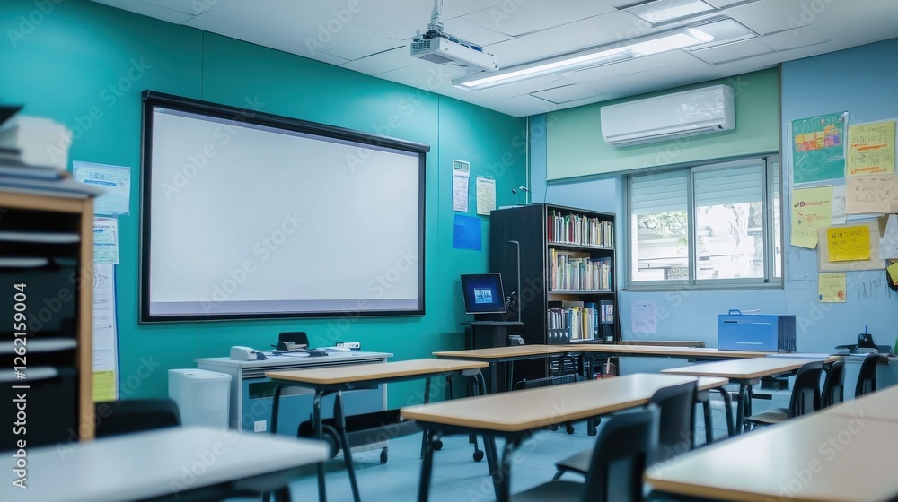 Poster modern classroom interior with projector and empty desks for learning