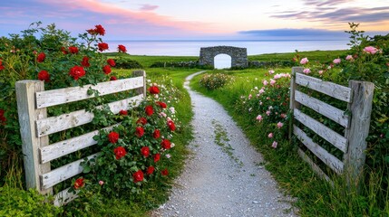 Rose Garden Path Leads To Stone Archway By Ocean
