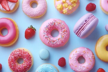 Colorful desserts featuring donuts, macarons, and fresh berries on a pastel blue background, Colorful desserts and sweets with donuts, macarons, and strawberries