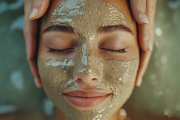 Young lady enjoying beauty treatments in spa salon, getting nourishing clay mask on face, above view shot, Generative AI