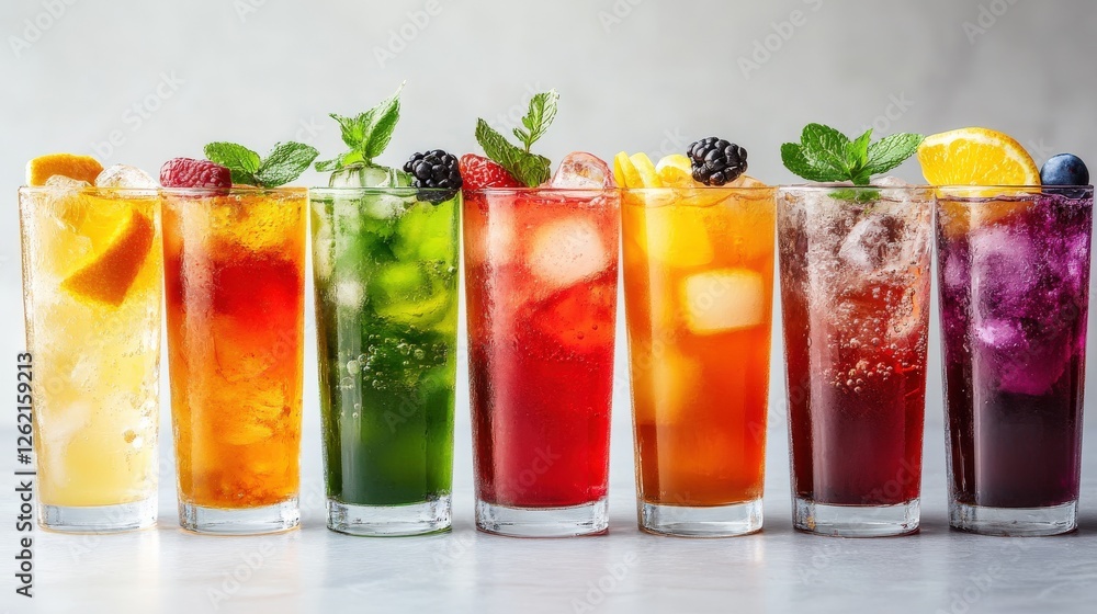 Aufkleber exquisite array of colorful refreshing drinks with bubbles and fresh fruits on bar counter