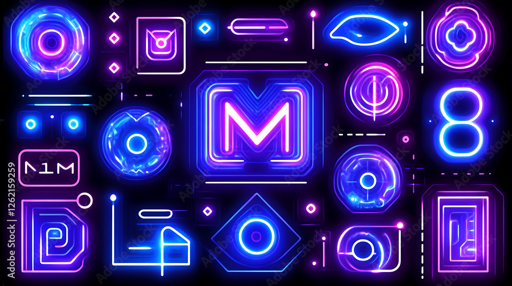 Poster neon futuristic graphic elements interface ui design with shapes and letter m in dark background