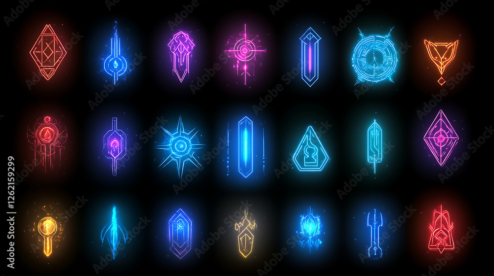 Aufkleber neon glowing sigils symbols collection for games design ui interface fantasy magical elements set